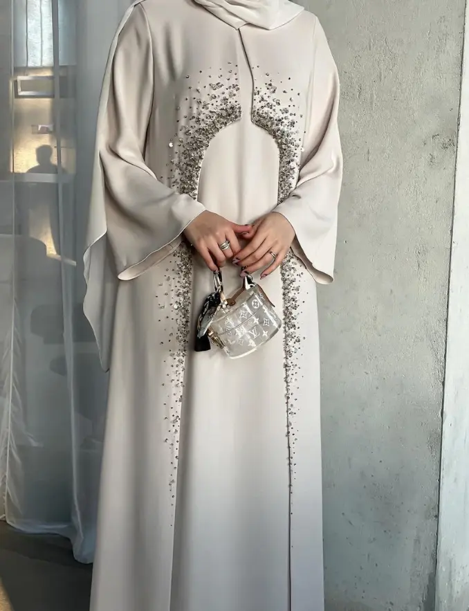 Beige Cristal Embellished Front Panel Abaya